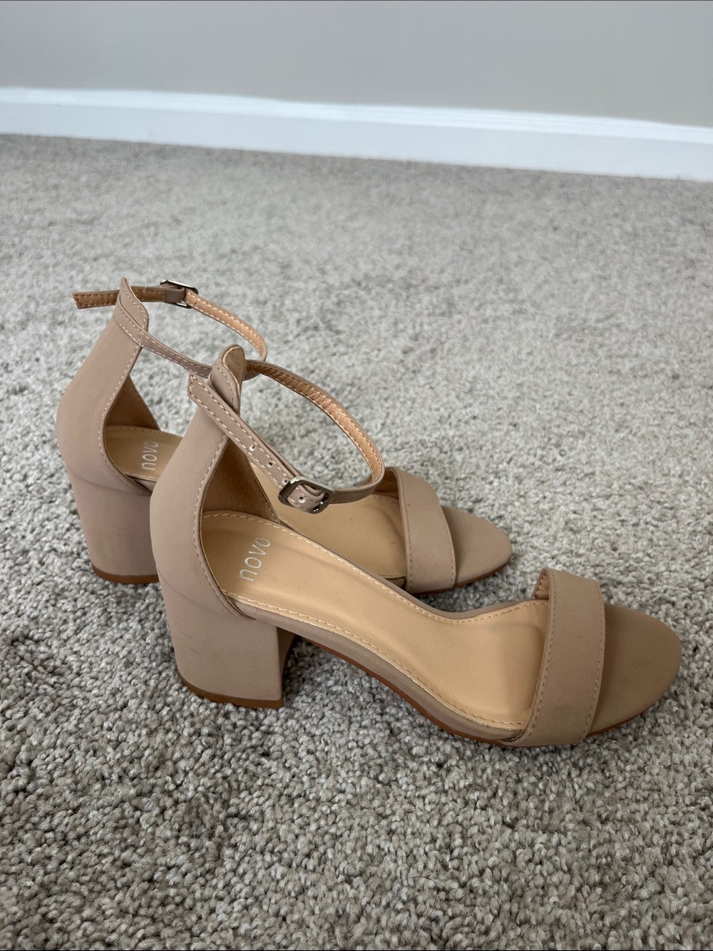 Novo Shoes Nude Beige Block Heel Sandals with Ankle Strap